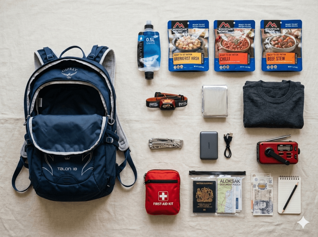 A 72-hour grab bag with contents laid out: backpack, water filter, ration packs, head torch, foil blanket, first aid kit, power bank, wind-up radio, UK passport, and cash