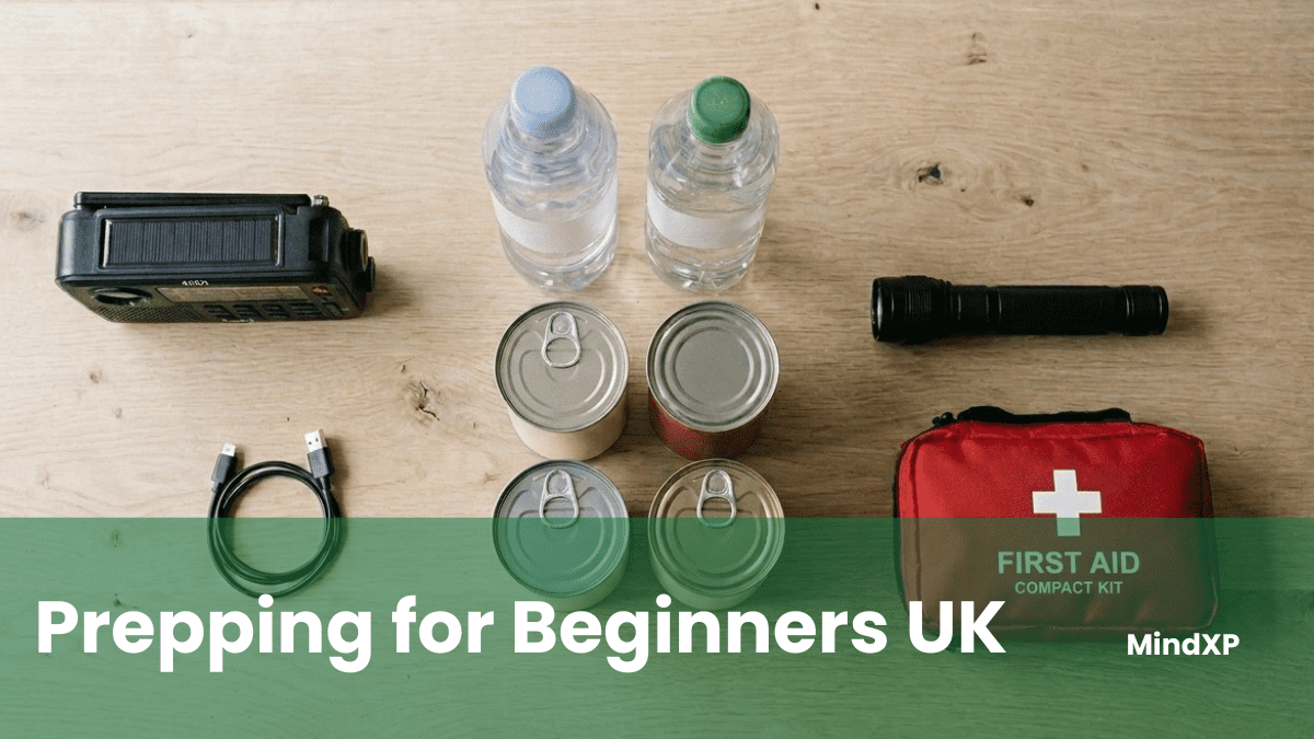 A basic home emergency kit on a table with a wind-up radio, bottled water, tinned food, a torch, and a first aid kit