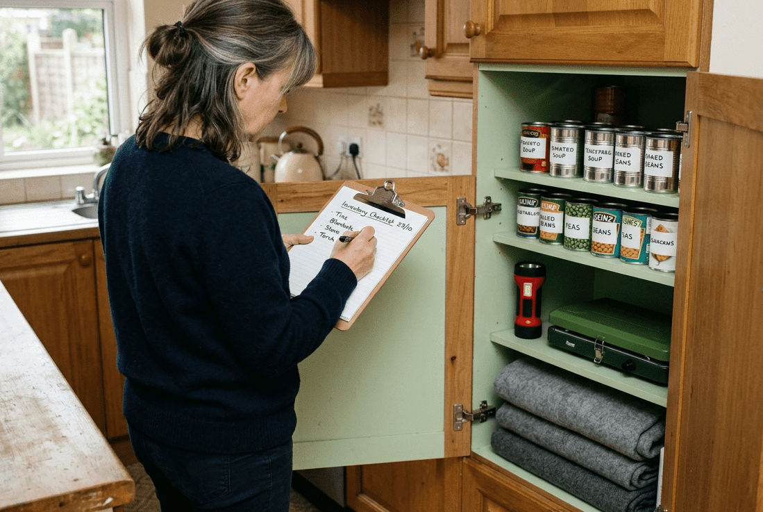 A woman taking stock of her home emergency supplies, writing an inventory on a clipboard beside a kitchen cupboard stocked with tinned food, a torch, a camping stove, and folded blankets