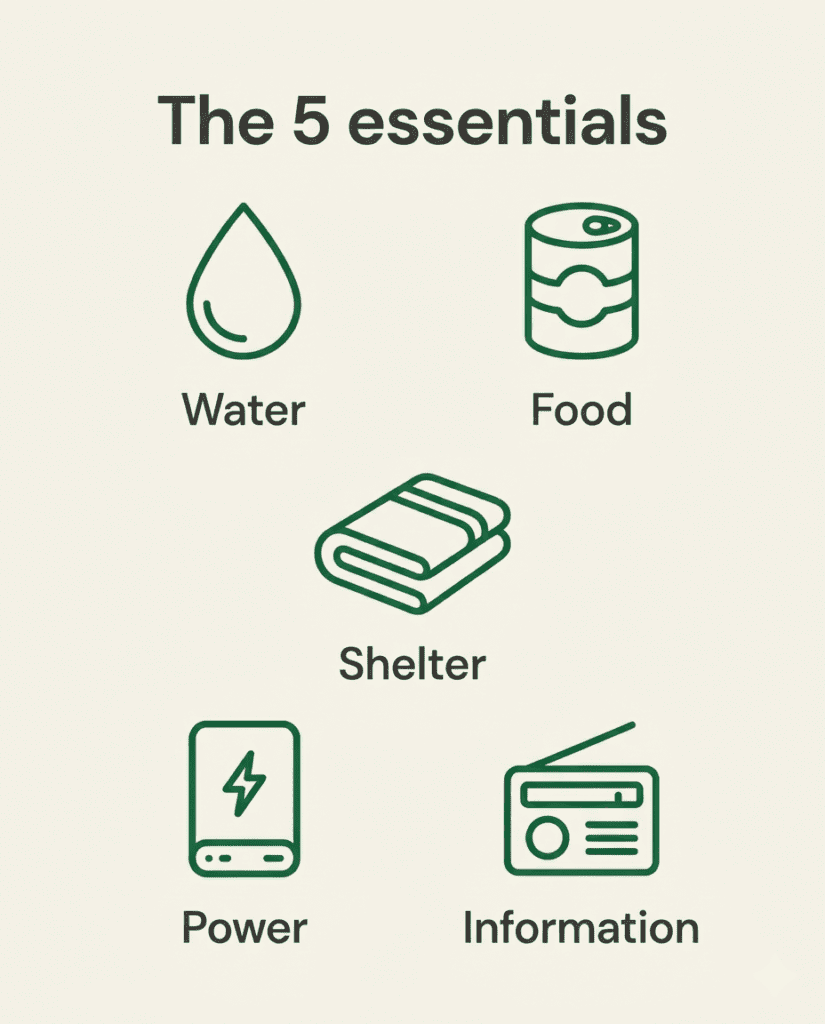 The five prepping essentials for UK households: water, food, shelter, power, and information