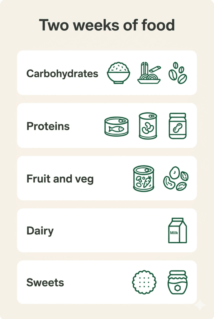 Two weeks of emergency food shown by category: carbohydrates, proteins, fruit and veg, dairy, and sweets