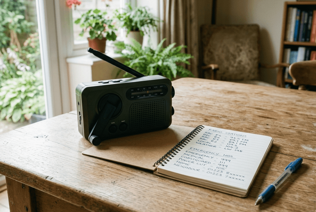 A wind-up emergency radio on a wooden table next to an open notebook listing local radio frequencies and emergency contact numbers