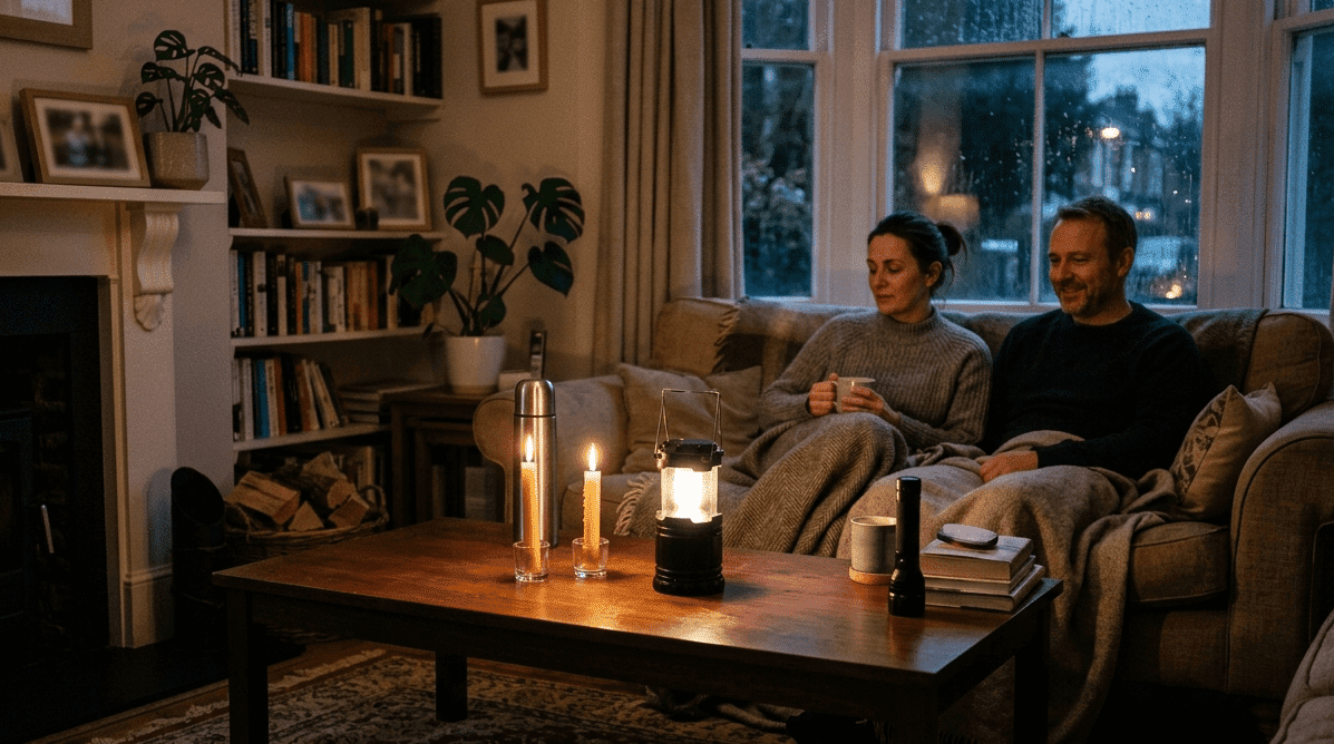 A UK couple staying warm at home during a power cut, lit by a camping lantern and candles, with a torch and flask on the table