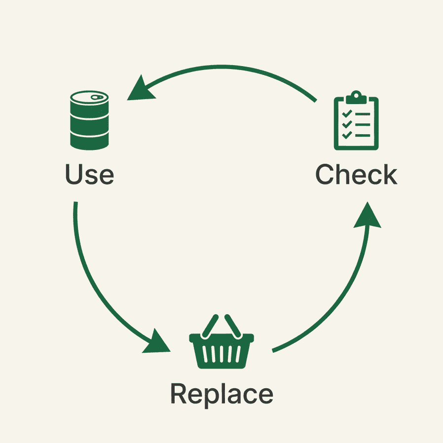 The use, replace, check loop for keeping prepping supplies fresh and rotated