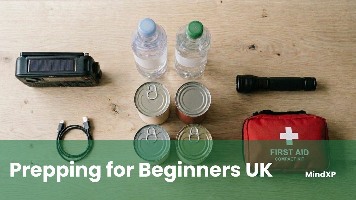 A basic home emergency kit on a table with a wind-up radio, bottled water, tinned food, a torch, and a first aid kit