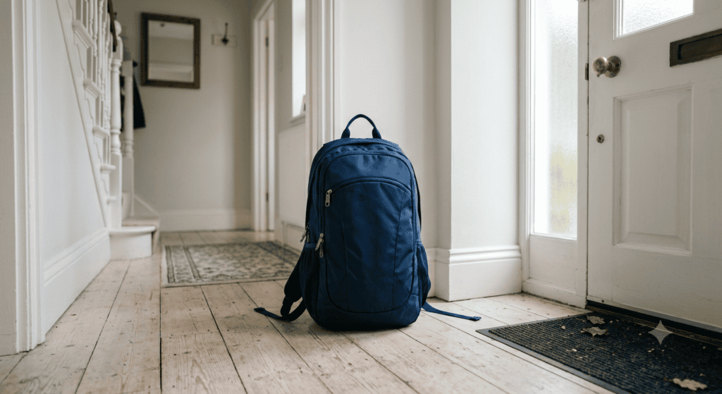 A navy rucksack standing on the wooden floor of a bright British hallway by the front door, ready to grab.