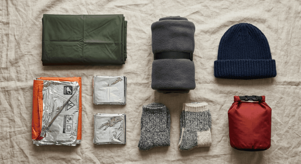 UK bug out bag warmth and shelter kit laid out: a folded waterproof poncho, a foil emergency bivvy, two space blankets, a rolled fleece, wool socks, a beanie and a red dry bag.