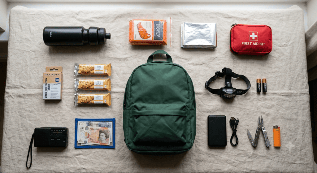 A budget UK bug out bag laid out: a green backpack, water bottle, purification tablets, cereal bars, emergency bivvy, space blanket, first aid kit, head torch, batteries, power bank, multi-tool, lighter, radio and cash.