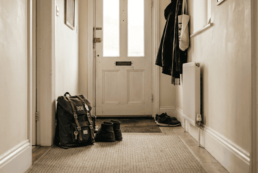 A navy rucksack packed and ready by the front door of a British home, with boots and a coat nearby.