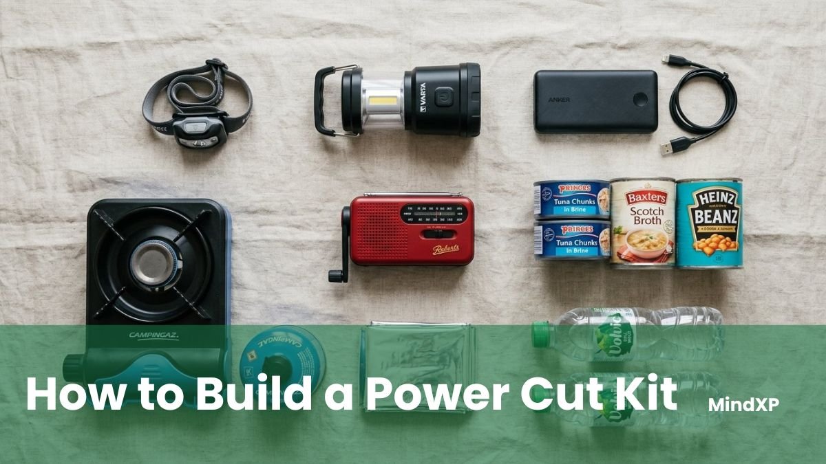 A UK power cut kit laid out on linen: head torch, LED lantern, power bank, wind-up radio, camping stove, tinned food, foil blanket and bottled water.