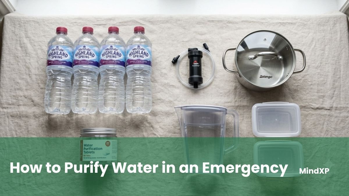 A UK home emergency water kit laid out: bottled water, purification tablets, a pan for boiling, a filter and storage containers.
