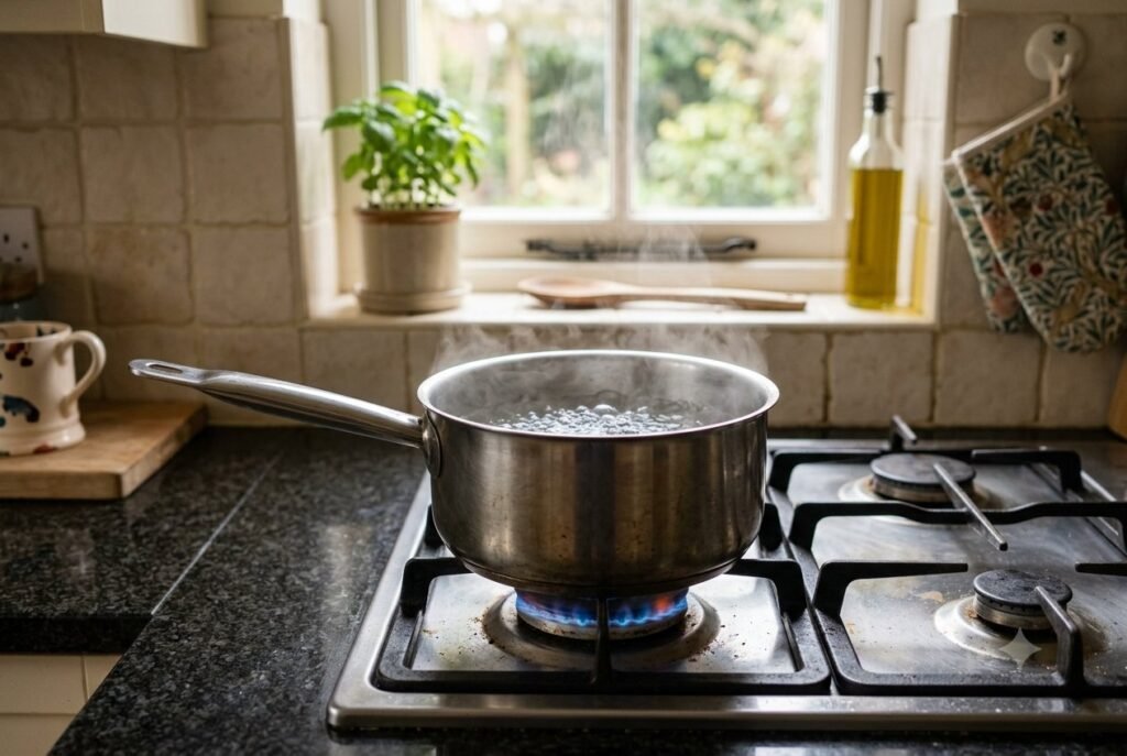 A stainless steel pan of water coming to the boil on a gas hob in a British kitchen.