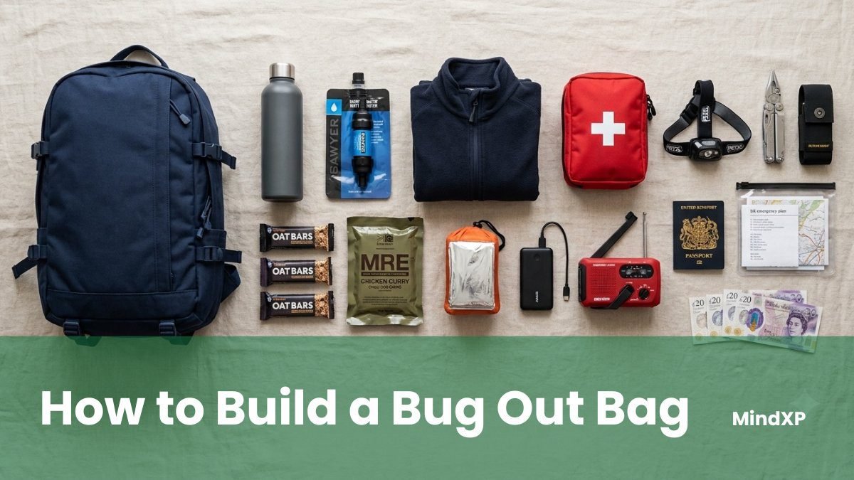 A UK bug out bag and its contents laid out flat: a navy rucksack, water bottle, water filter, food bars, a folded fleece, first aid kit, head torch, multi-tool, power bank, wind-up radio, passport, documents and cash.