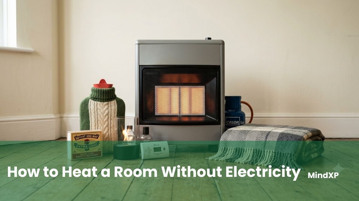 Non-electric heating options laid out: gas cabinet heater, hot water bottle, CO alarm, and bioethanol burner