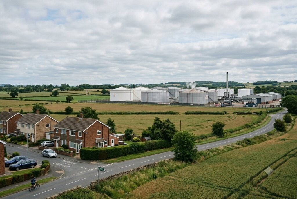 An industrial fuel storage site with large tanks on the edge of a UK village, close to houses and fields.