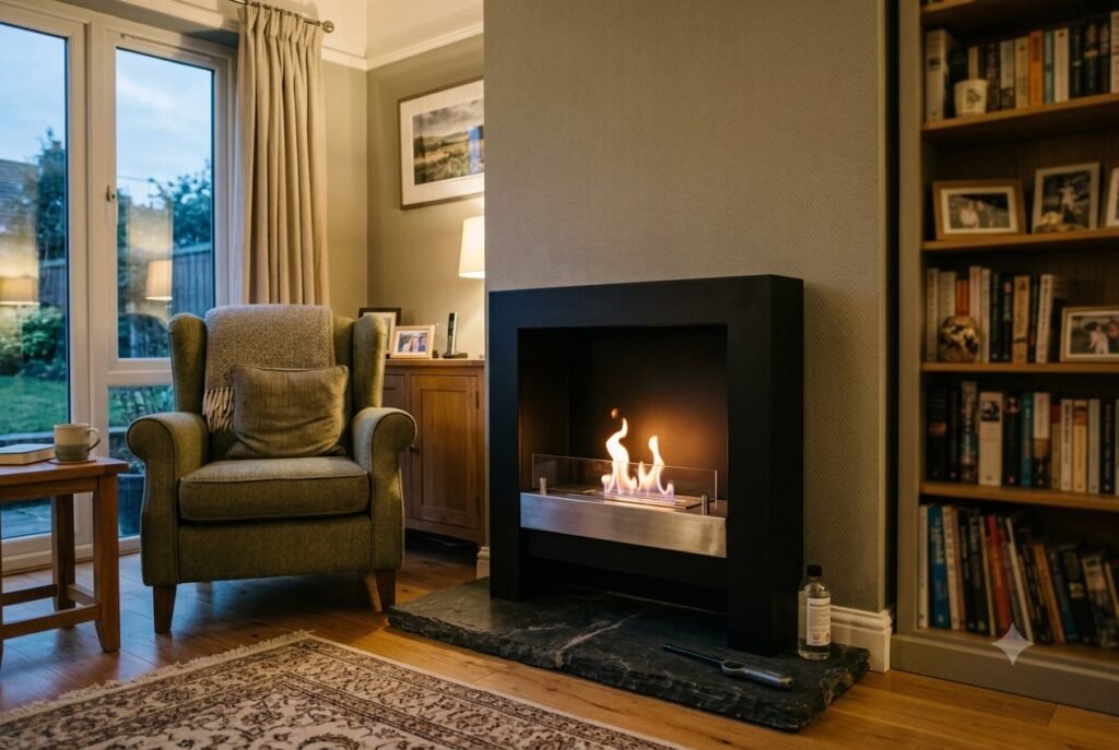 Freestanding bioethanol fire heating a living room without electricity