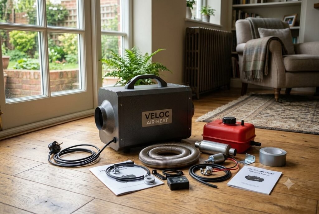 Portable diesel air heater kit with exhaust pipe and fuel tank before installation