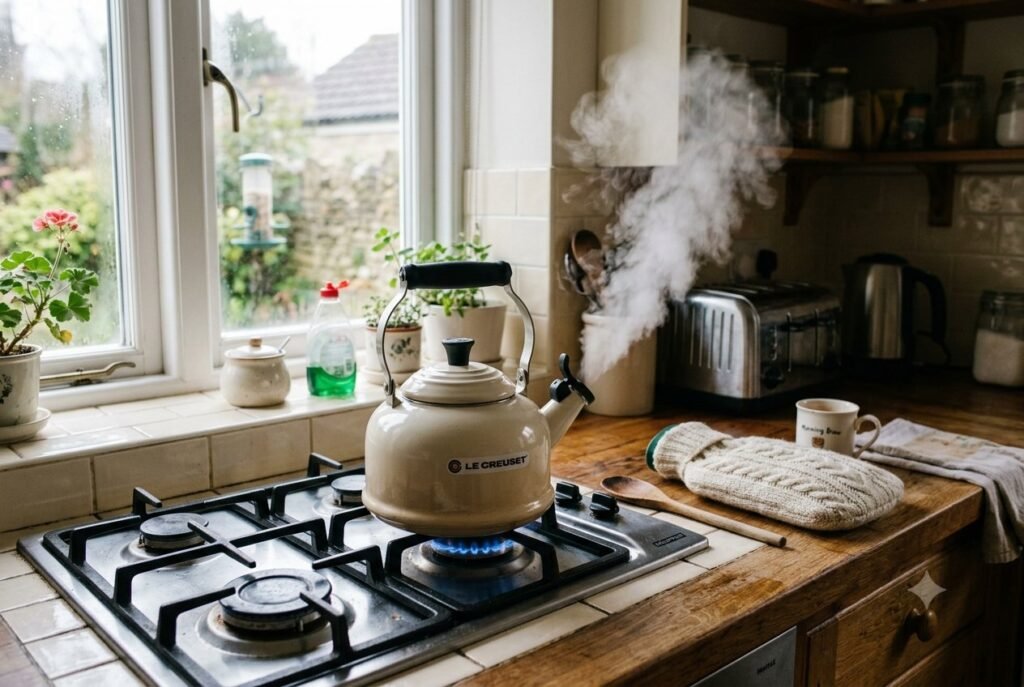Boiling a kettle on a gas hob to fill hot water bottles during a power cut