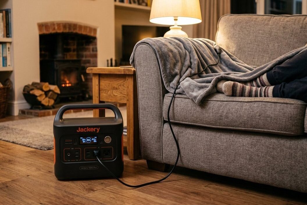 Portable power station running a heated throw during a power cut