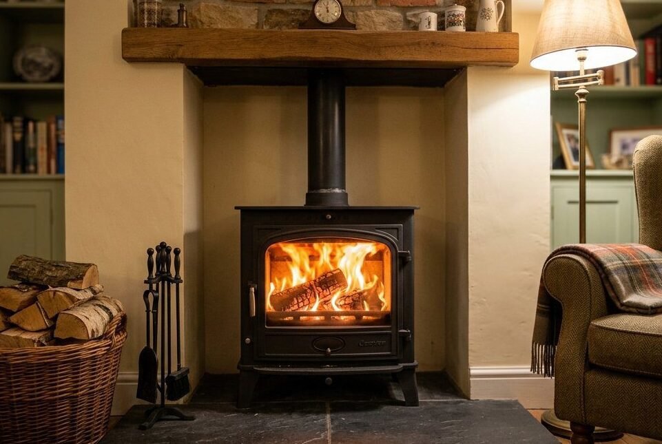 Wood burning stove heating a living room without electricity