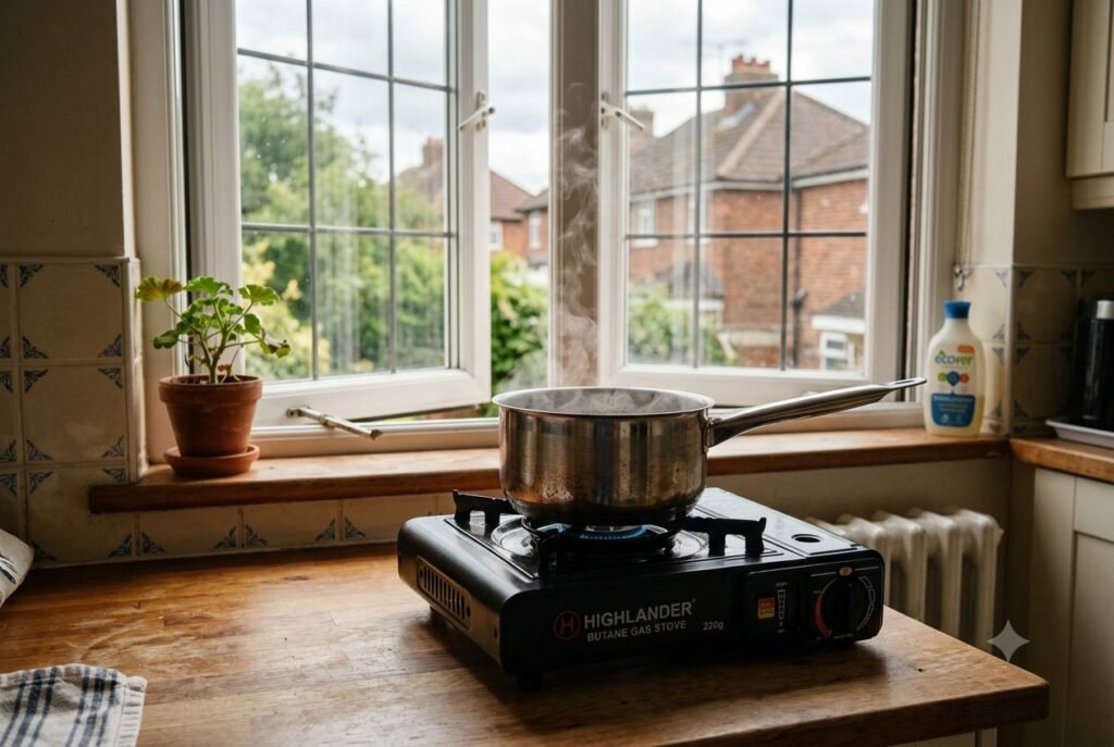 A pan of water heating on a portable butane camping stove by an open kitchen window during a power cut.