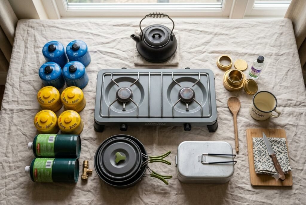An advanced power cut cooking kit: a twin-burner stove, a large stock of canisters, camping pots, a mess tin, a spirit burner, and a cast-iron kettle.
