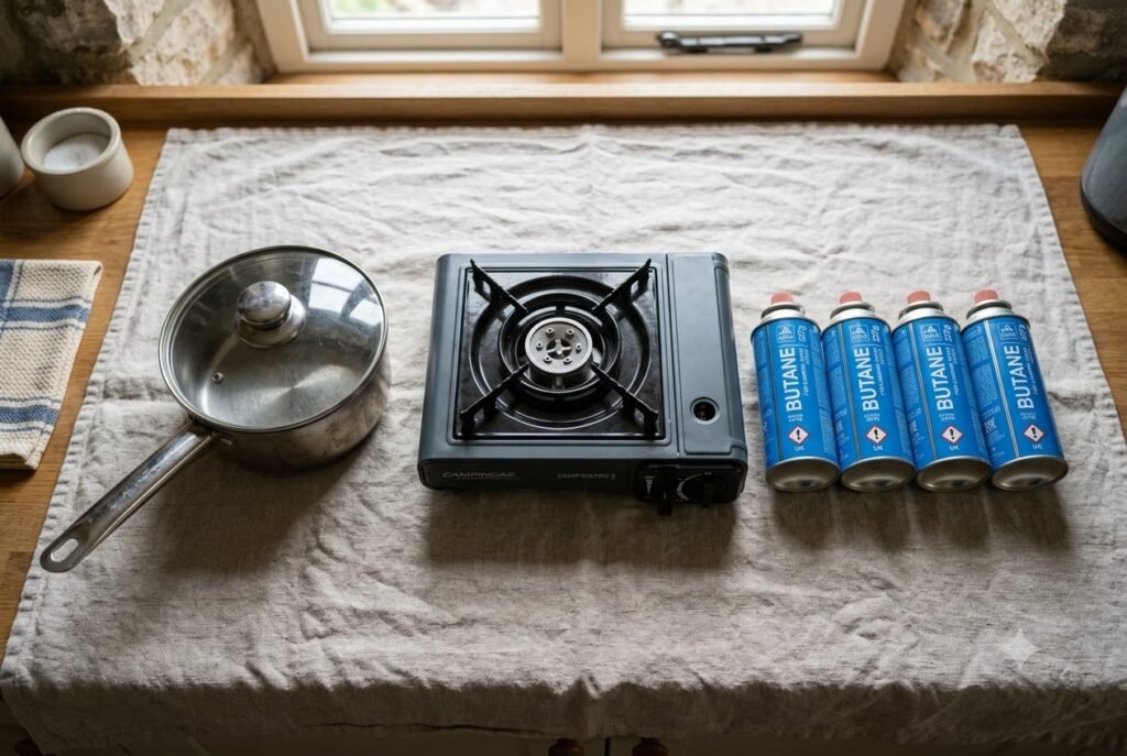 A basic power cut cooking kit laid out: a single-burner butane stove, a saucepan, and four butane canisters.