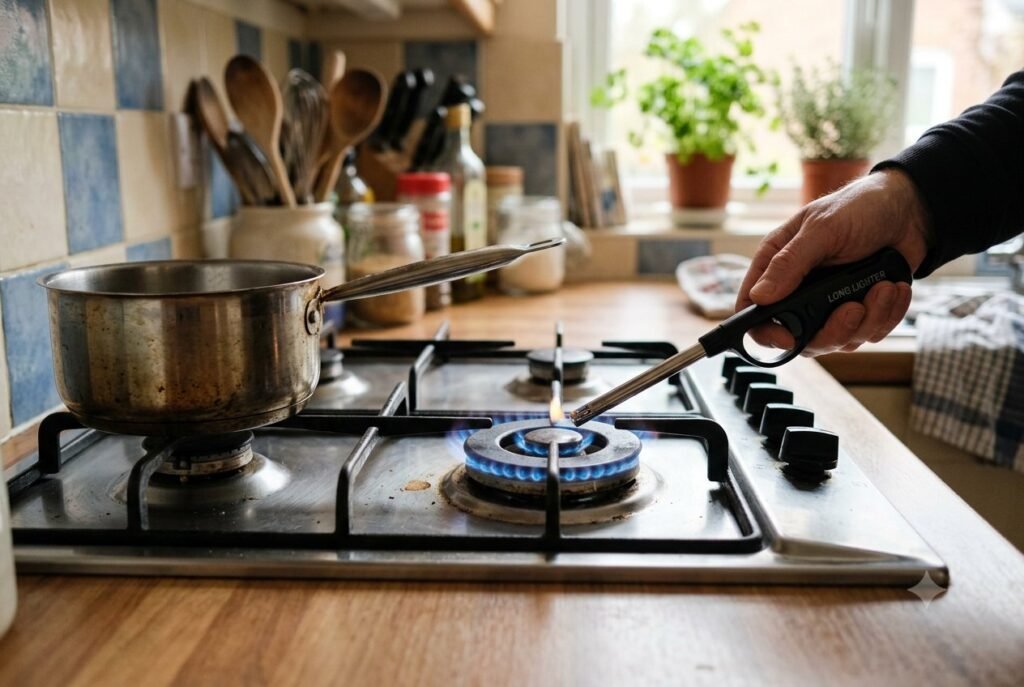 Lighting a gas hob by hand with a long lighter during a power cut, a saucepan ready on the ring.