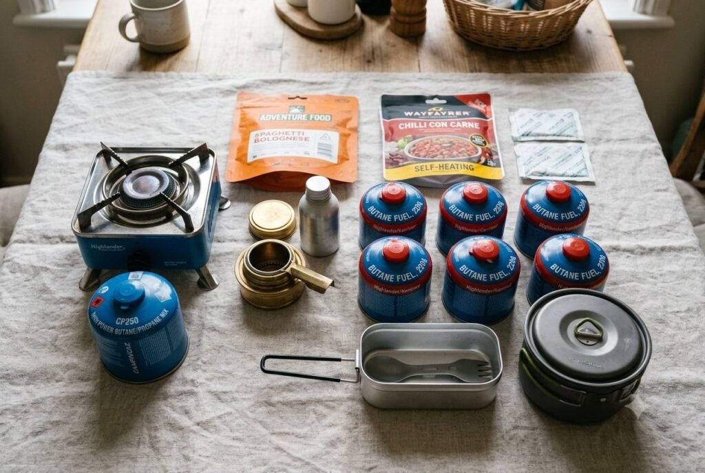 A medium power cut cooking kit: a camping stove, a spirit burner, six butane canisters, a mess tin, a pot, and self-heating meals.