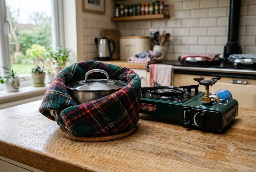 A lidded pan wrapped in a blanket beside a camping stove, using retained heat to finish cooking without fuel.