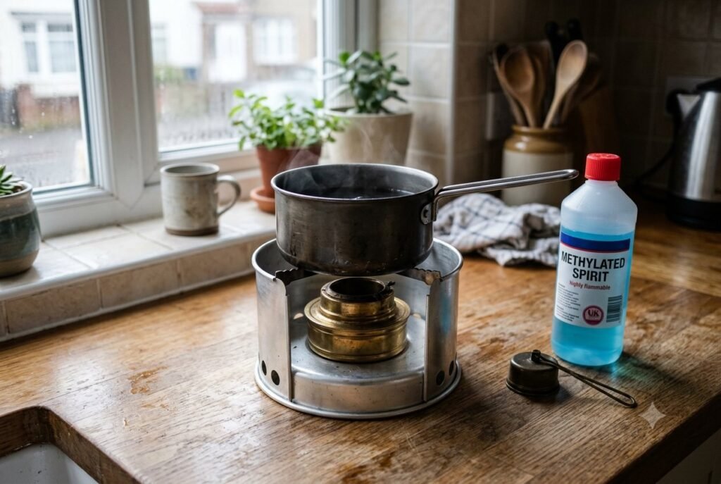 A Trangia-style spirit burner on a kitchen worktop: a brass meths burner in an aluminium stand with a pan on top, a snuffer cap and a bottle of methylated spirit beside it.