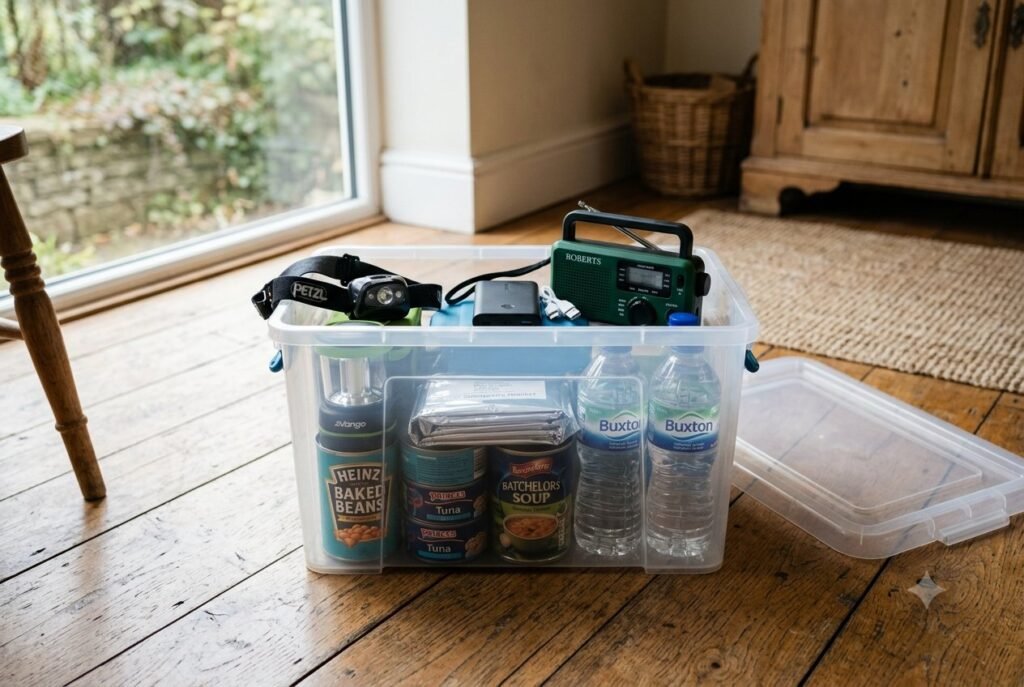 An open storage box packed with power cut kit essentials: head torch, power bank, radio, tinned food and bottled water.