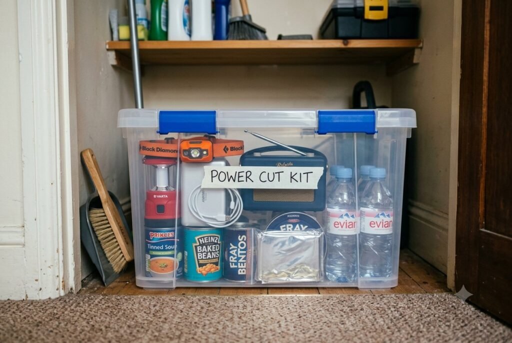 A clear storage box labelled "power cut kit" stored in a cupboard, packed with a lantern, radio, tinned food and water.