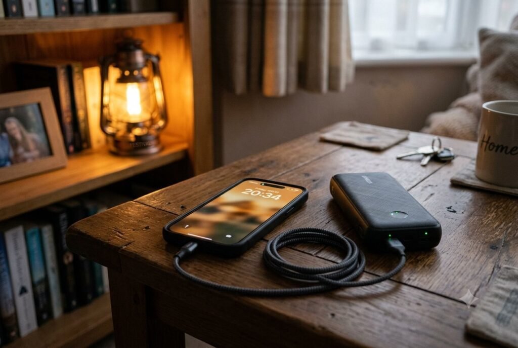 A smartphone charging from a power bank on a table, lit by a lantern during a power cut.