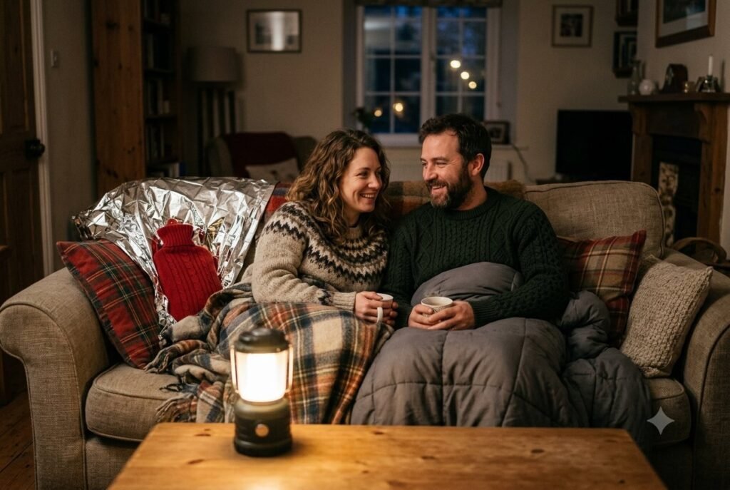 A couple wrapped in blankets with a hot water bottle and foil blanket, keeping warm by lantern light during a power cut.