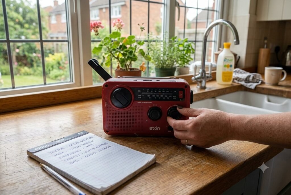 A hand tuning a wind-up emergency radio beside a notepad of handwritten emergency contact numbers.