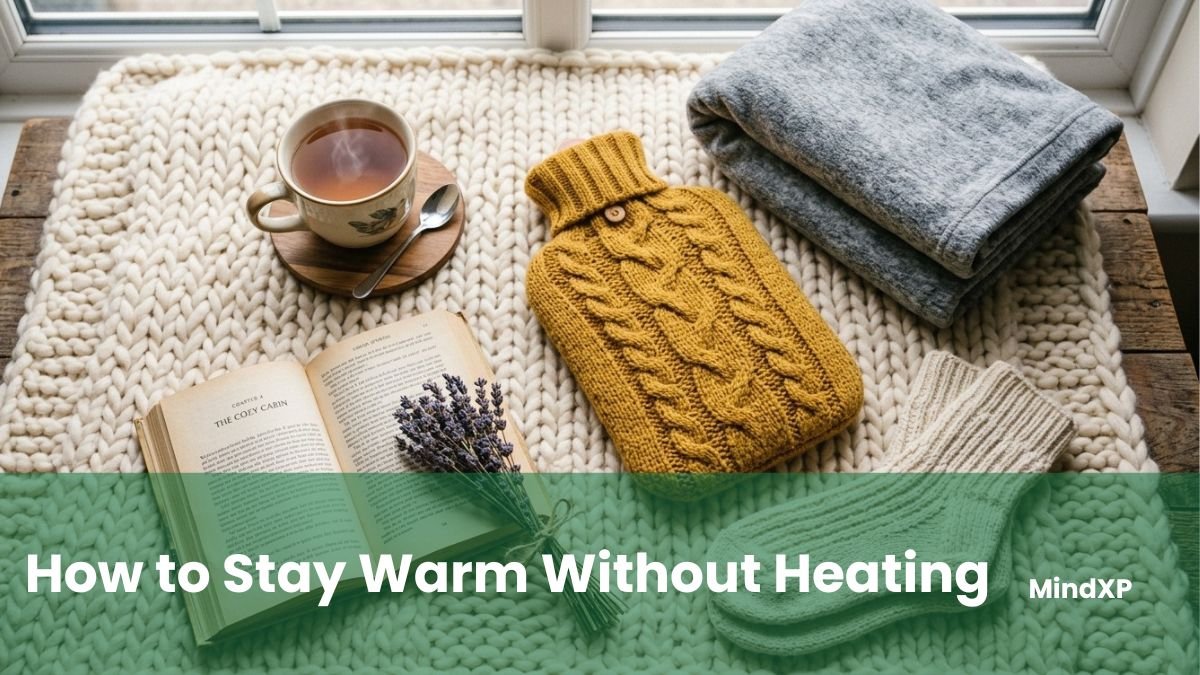 How to to stay warm without heating: tea, hot water bottle, fleece blanket, and wool socks laid out