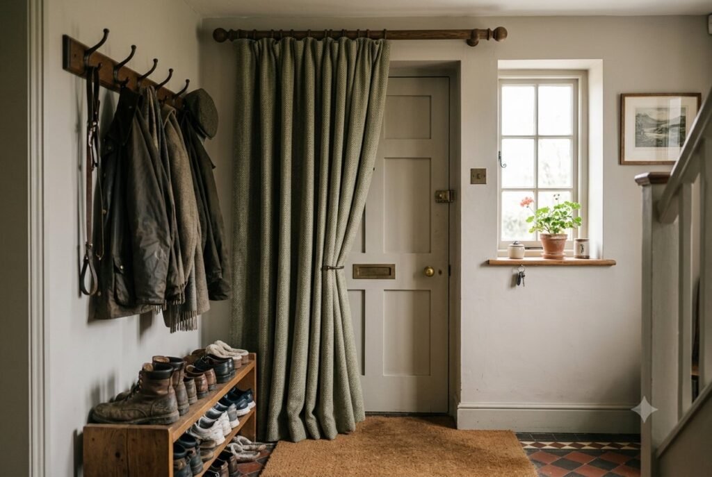 Heavy door curtain covering a front door to block draughts and keep warmth in