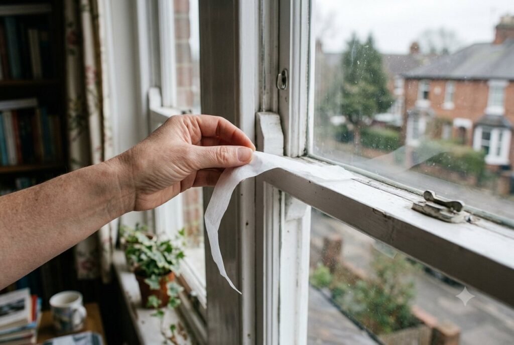 Testing for window draughts with a strip of tissue paper
