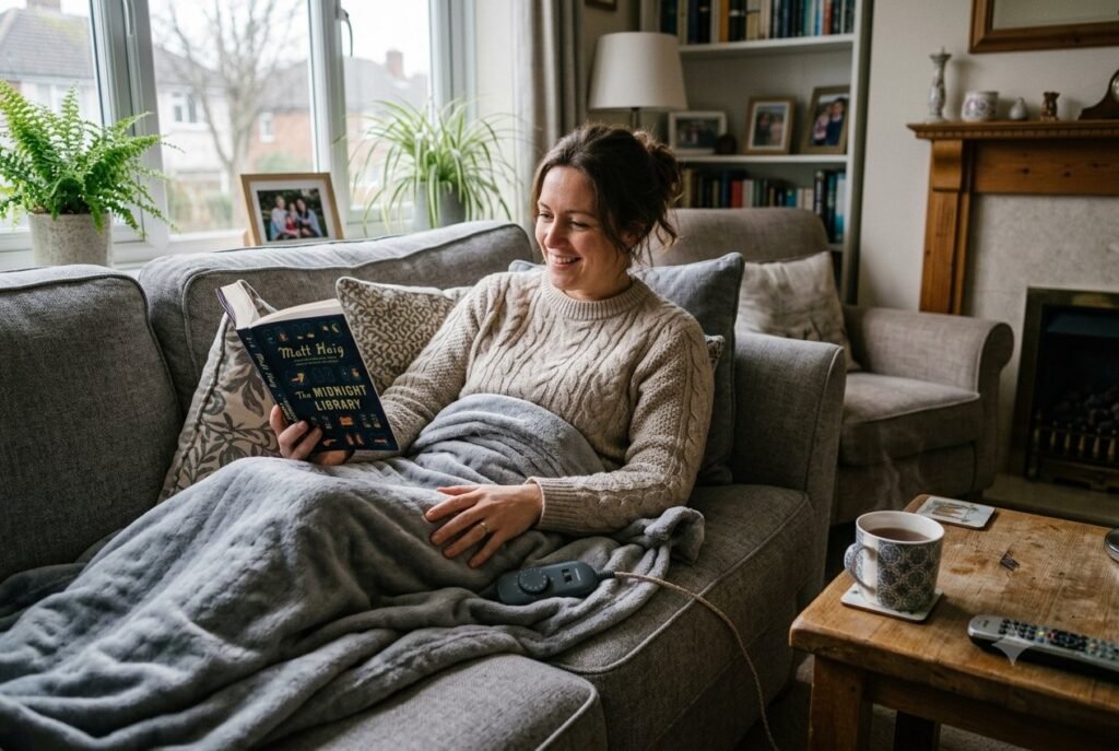 Relaxing under a heated electric throw, one of the cheapest ways to keep warm