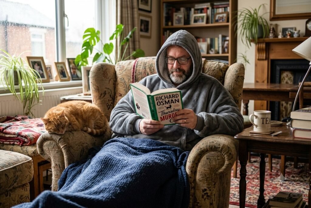 Man keeping warm in a hooded wearable blanket while reading in an armchair