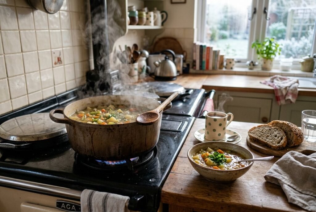 Pot of soup simmering on the hob, a cheap way to warm up and heat the kitchen