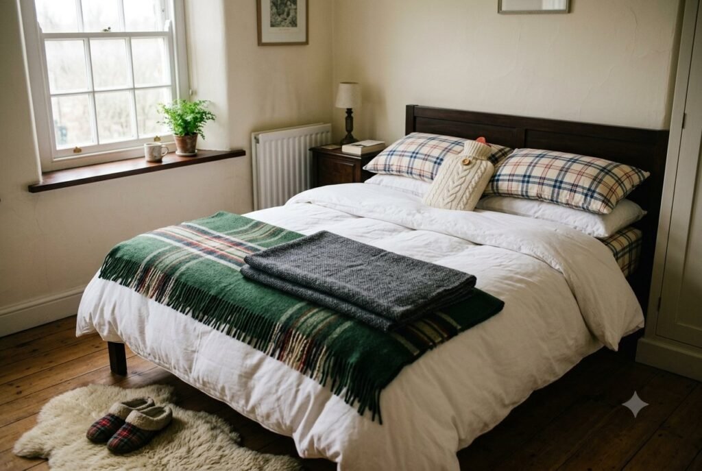 Warming the bed with a hot water bottle on layered blankets before a cold night