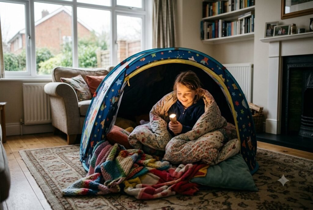 Child in a blanket-filled pop-up tent in the living room, a fun way to stay warm indoors