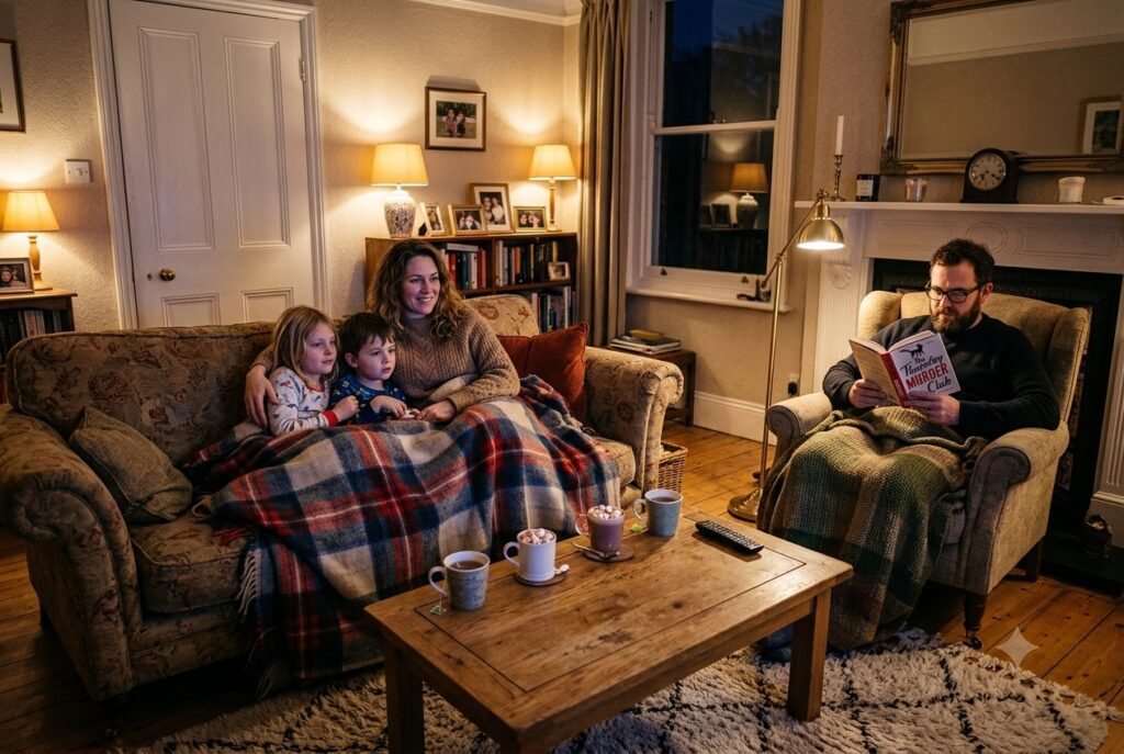 Family keeping warm together in one room during winter