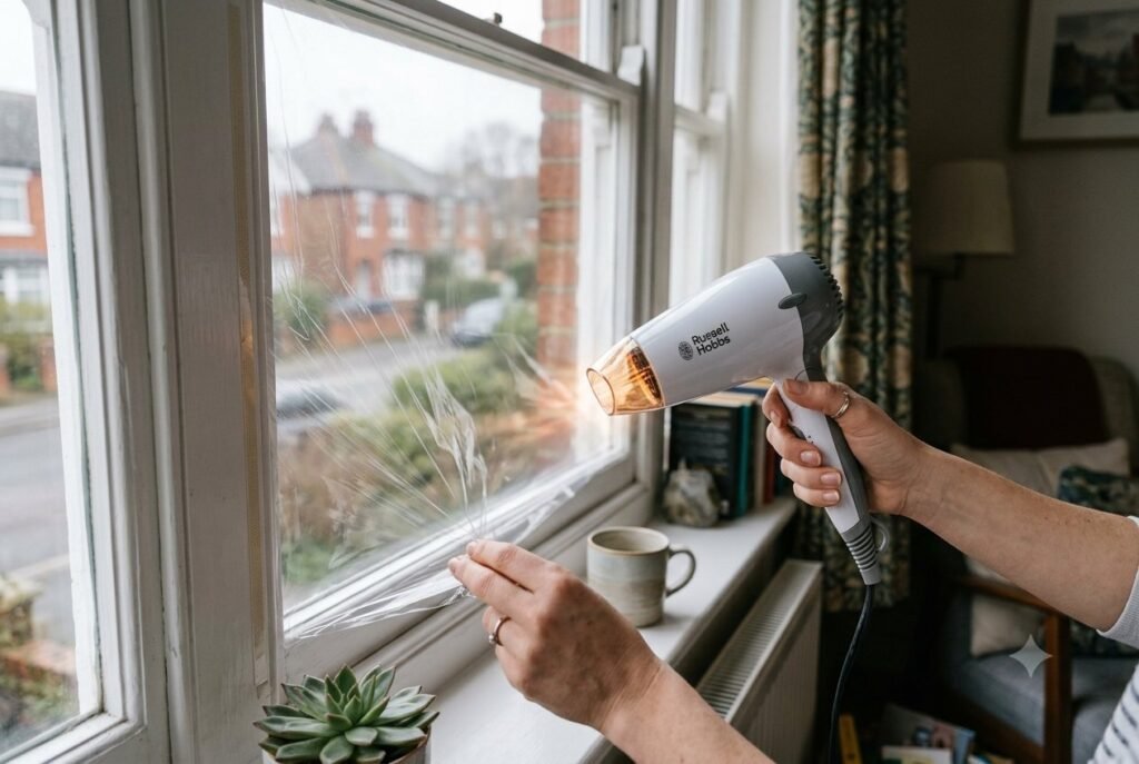Fitting window insulation film with a hairdryer to cut heat loss from single glazing