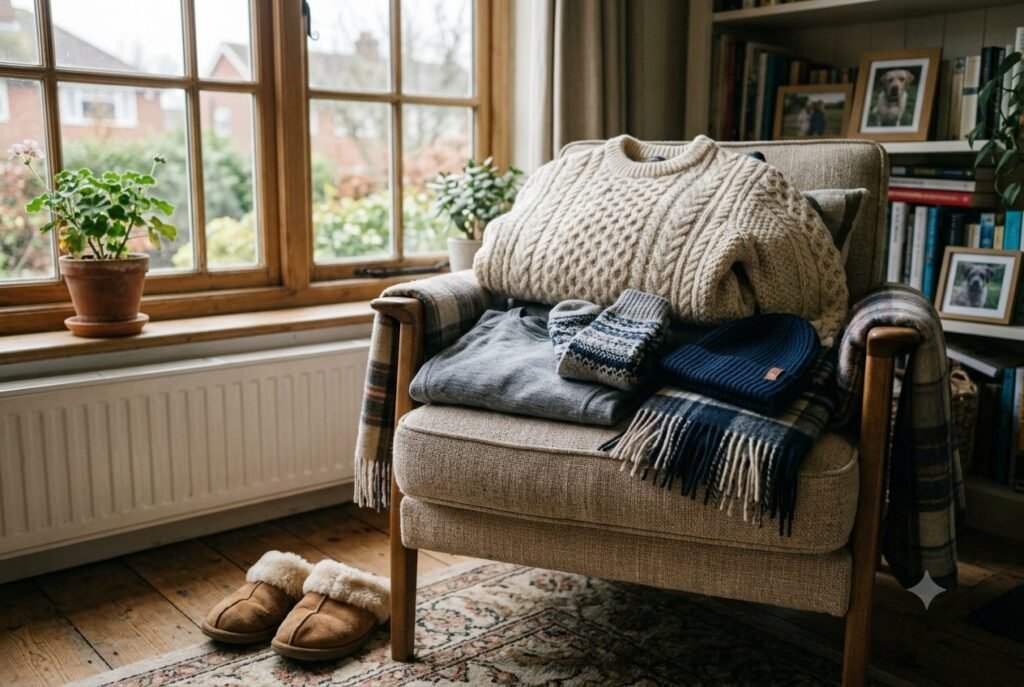 Pile of warm winter clothing on an armchair: jumper, thermals, wool socks, beanie, and scarf
