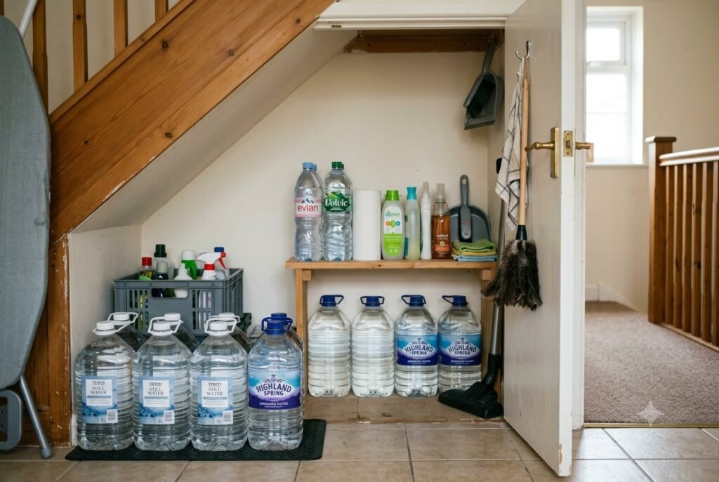 Bottled water stored under the stairs in a UK home.