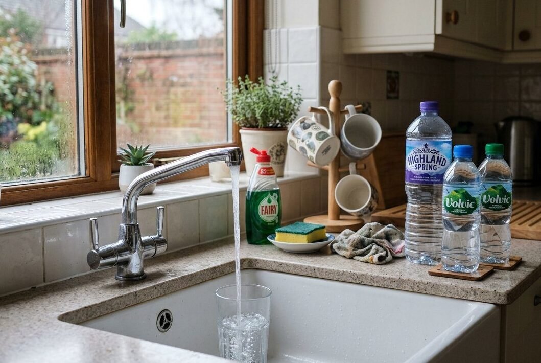 A kitchen tap running into a glass beside stored bottled water in a British home.