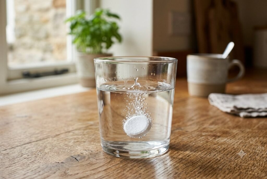 A water purification tablet dissolving in a glass of water.